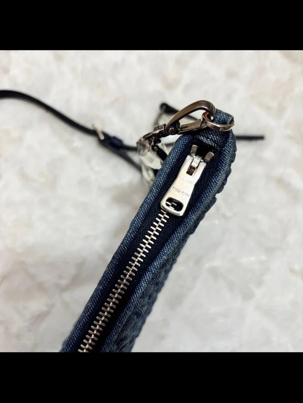 Miu Miu Navy Quilted Denim Crossbody with Crystal Accent
